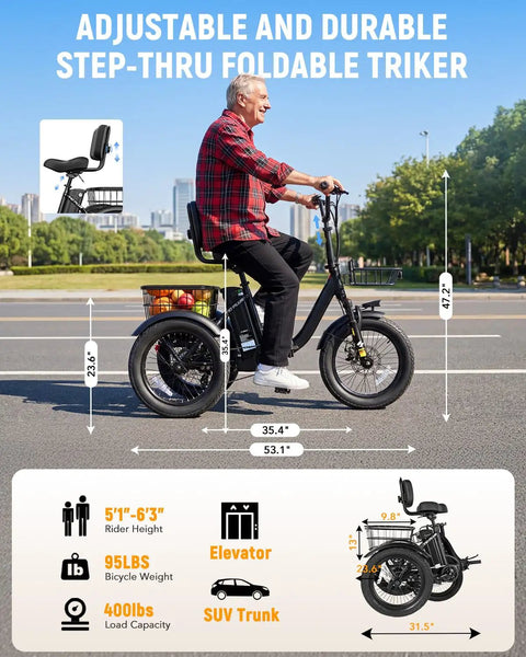 Electric Trike For Adults Foldable Step-Through With 1200W Brushless Motor 18 MPH Top Speed 55 Mile Range Removable 48V 13Ah Battery 18x3 Fat Tires Three Wheel E Tricycle Built For City Streets And Light Trails, rider on adjustable foldable trike