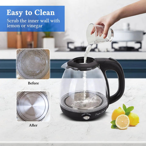 Electric Kettle With Tea Infuser 1L No Fuss Quick Boil Keep Warm LED Indicator Light Auto Shut Off Boil Dry Protection BPA Free Black being cleaned with water
