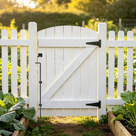 Built Tough Heavy Duty Cane Bolt Gate Drop Rod Ground Latch Solid Steel Gate Hardware For Wood PVC Vinyl Metal Fences And Gates Adjustable 12 24 36 Inches Lengths Black Finish 1 Pack installed on white garden gate