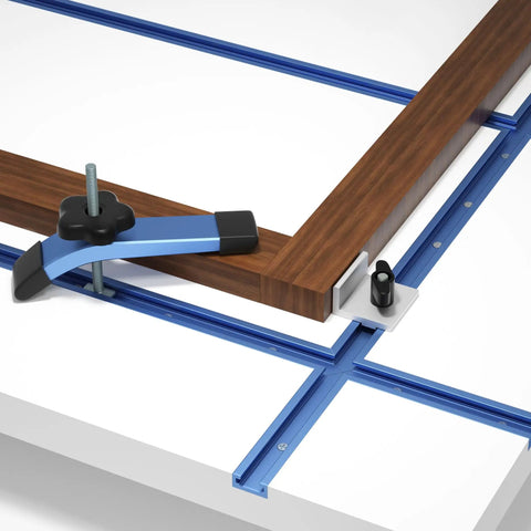 Premium Strike Two Pack Twenty Four Inch Extruded Anodized Aluminum T Tracks With Hold Down Clamps And Screws used with a wood frame.