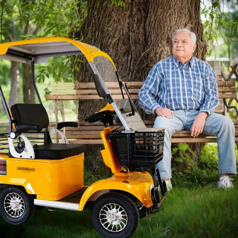 Legit 60V Electric Mobility Scooter Built Tough With A Beefy 650 Watt Motor parked beside a man on a bench in a park.