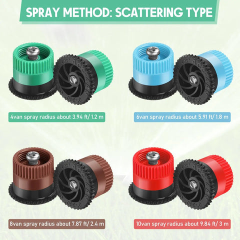 Heavy Duty Replacement Sprinkler Heads 60 Pack includes various colors for different spray radii, designed for adjustable irrigation.