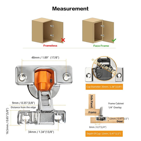 Short Arm Cabinet Hinges For Face Frame Cabinets For DIYers With Three Quarters Inch Overlay 105 Degree Opening Soft Close 35mm Cup 12mm Thickness Fits Doors Five Eighths To One Inch 100 Pack 50 Pairs Cold Rolled Steel Titanium Finish measurement guide