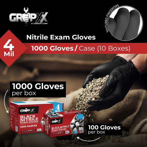 Super Strong Black Nitrile Gloves 1000 Count Large Disposable Latex Free Powder Free 4 Mil shown in hands with textured fingertips.
