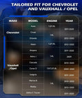 Turbo Engine Timing Tool Kit compatibility chart for Chevy and Vauxhall/Opel models, detailing engine sizes and years.
