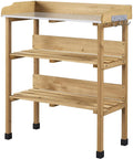 Potting Bench With Natural Wood Top And 3 Tier Shelves Outdoor Garden Workstation With Hooks Fir Wood Potting Table