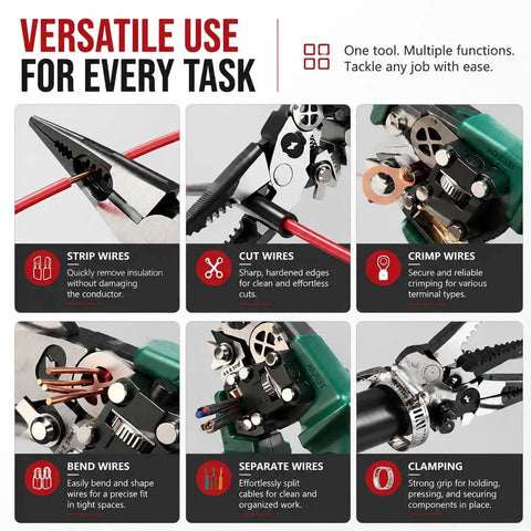 4-In-1 Wire Stripping And Testing Pliers With LED Digital Voltage Tester, 12-250V Multi-Function Electrical Tool For Stripping, Cutting, Crimping, And Wire Testing, Pro-Grade Hand Tool For Electricians And DIYers, Red shown stripping, cutting, crimping, bending and clamping wires