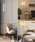 Lit Crystal Floor Lamp With Sparkling K9 Crystal Shade in various room settings, showcasing its versatility and modern glam design.