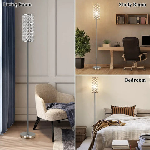 Lit Crystal Floor Lamp With Sparkling K9 Crystal Shade in various room settings, showcasing its versatility and modern glam design.