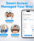 Smartphone displaying password management options for smart lock with Permanent for Family, Schedule for Maids, Temporary for Delivery.