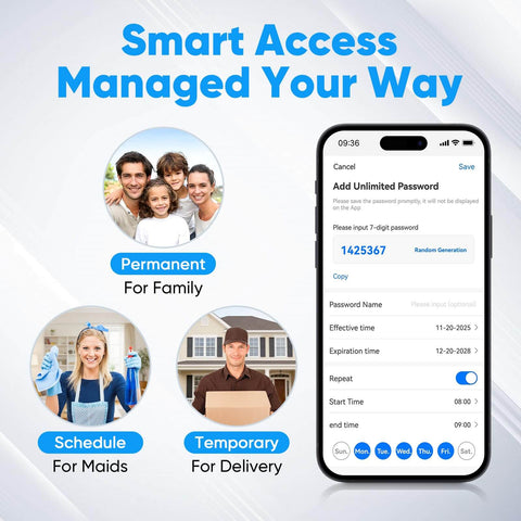 Smartphone displaying password management options for smart lock with Permanent for Family, Schedule for Maids, Temporary for Delivery.