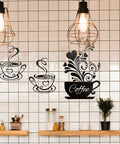 Four Piece Coffee Kitchen Wall Decal Set Removable Vinyl Wall Art Black Coffee Cup Designs For Home Cafe Shop Pub Decor DIY Sticker Sheets 35x25 cm Each Final Size 30x48 cm displayed on kitchen tiles
