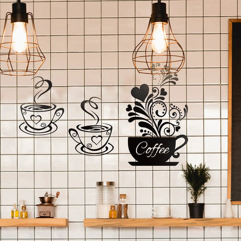 Four Piece Coffee Kitchen Wall Decal Set Removable Vinyl Wall Art Black Coffee Cup Designs For Home Cafe Shop Pub Decor DIY Sticker Sheets 35x25 cm Each Final Size 30x48 cm displayed on kitchen tiles