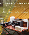 RIVER 3 Plus Portable Power Station With 286Wh LiFePO4 Battery on camping table powering multiple devices next to a tent.