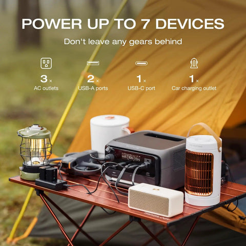 RIVER 3 Plus Portable Power Station With 286Wh LiFePO4 Battery on camping table powering multiple devices next to a tent.