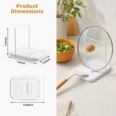 Say Goodbye To Soggy Counters With This Foldable Pot Lid Holder And Spoon Rest Durable Slow Cooker Stand Non Slip Design showing dimensions on a kitchen counter.