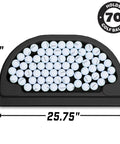 All Weather Golf Ball Tray For Hitting Mats, 70 Ball Capacity, black plastic design with golf balls organized.