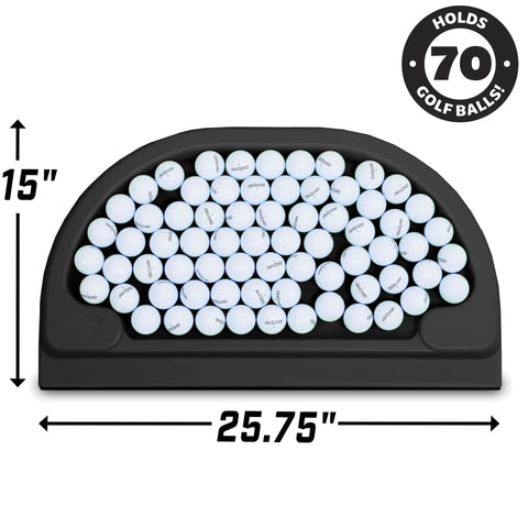 All Weather Golf Ball Tray For Hitting Mats, 70 Ball Capacity, black plastic design with golf balls organized.
