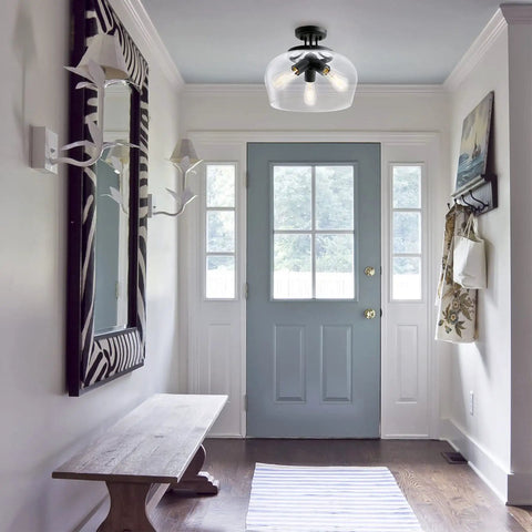 Industrial Semi Flush Mount Ceiling Light With Clear Glass Shade In Matte Black Finish, 13.8 Inch Diameter in entryway