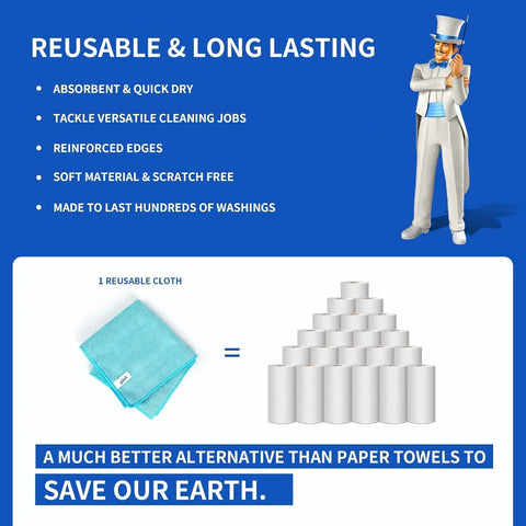 MR.SIGA microfiber cleaning cloths, 24-pack, 12.6 x 12.6 in; teal cloth pictured next to a stack of paper towel rolls.