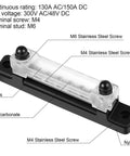 Heavy Duty Marine Ground Bus Bar With Clear Cover, M4/M6 terminal screws, polycarbonate and brass construction, ideal for 12V DC power.