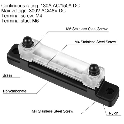 Heavy Duty Marine Ground Bus Bar With Clear Cover, M4/M6 terminal screws, polycarbonate and brass construction, ideal for 12V DC power.