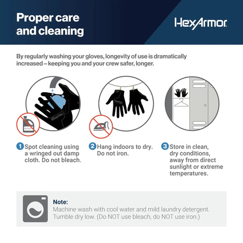 Care instructions for Law Enforcement Needlestick Resistant Safety Work Gloves with SuperFabric Protection HexBlue 2137 Medium.