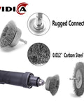 Close-up of Heavy Duty Drill Wire Brush Set Nine Piece With Abrasive Wire Wheels Cups And Pen Brushes, showing 1/4 inch hex shank.