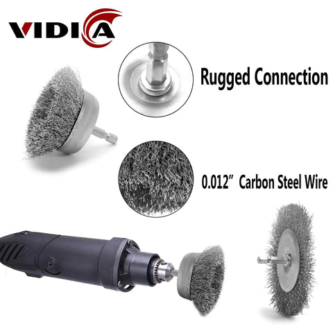 Close-up of Heavy Duty Drill Wire Brush Set Nine Piece With Abrasive Wire Wheels Cups And Pen Brushes, showing 1/4 inch hex shank.