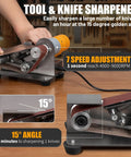 Top Shelf Mini Belt Sander Electric Bench Grinder With Dead On 15 Degree Knife Sharpener And Boss Level Variable Speed Buffer For Metal Wood Diy Craftwork, showing 15 degree sharpening angle and 7 speed adjustment.