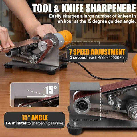 Top Shelf Mini Belt Sander Electric Bench Grinder With Dead On 15 Degree Knife Sharpener And Boss Level Variable Speed Buffer For Metal Wood Diy Craftwork, showing 15 degree sharpening angle and 7 speed adjustment.