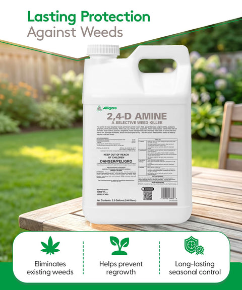 2,4-D Amine Weed Killer Concentrate For Lawns Pastures And Aquatic Sites Post Emergent Weed Control For Pigweed Thistle Ragweed And More 46.8 Percent Active Ingredient 2.5 Gallon displayed outdoors