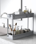 Slim 4 Tier Storage Cart, Rolling Utility Organizer, gray unit on bathroom counter with toiletries