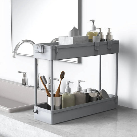 Slim 4 Tier Storage Cart, Rolling Utility Organizer, gray unit on bathroom counter with toiletries