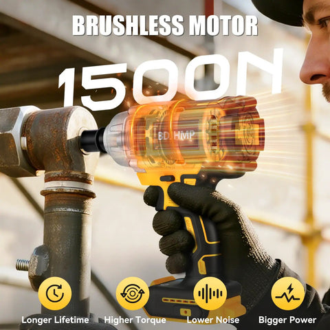 Pro Grade 1/2 Inch Cordless Impact Wrench Fits 20V Max Batteries Hella Rugged High Torque Design No-Fuss Setup Job Site Beast Power Tool Straight To Your Bench Includes Chuck Only, held against a metal pipe.