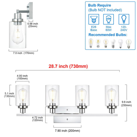 Dimensions and recommended bulbs for Dope 4-Light Modern Vanity Lights with Clear Glass Shades, brushed nickel and black finish.