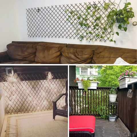 Expandable Willow Lattice Fence Panel Plant Support Garden Trellis For Climbing Vines Ivy Roses Cucumbers Clematis Outdoors Yard 36x92 Inch 1 Piece Easy Install And Durable displayed indoors and outdoors with plants.