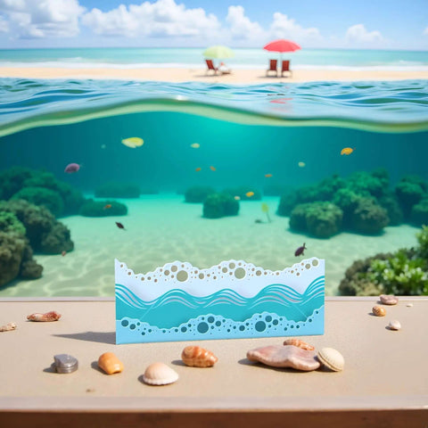 Beach Wave Metal Cutting Dies Set For Scrapbooking And Card Making, ocean waves stencil on beach, seashells in foreground