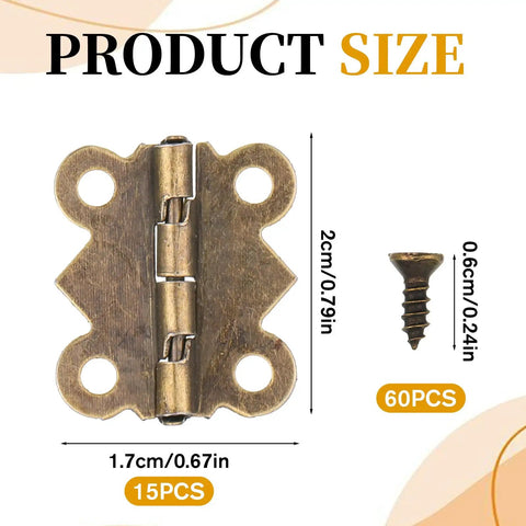 Fifteen Pcs Jewelry Box Hinges Set With Sixty Screws Antique Bronze Small Hinges Showing Size and Dimensions