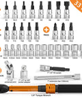 Pro Grade Quarter Inch Torque Wrench Kit With 72 Tooth Click Type 30 To 220 Inch Pound Range Dual Scale Newton Meter And Inch Pound MTB Bike Maintenance Set For Precise Smooth Adjustments On Road Mountain And Trail Bikes 33 Pieces displayed with included sockets and adapters