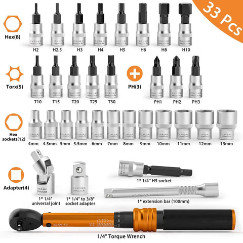 Pro Grade Quarter Inch Torque Wrench Kit With 72 Tooth Click Type 30 To 220 Inch Pound Range Dual Scale Newton Meter And Inch Pound MTB Bike Maintenance Set For Precise Smooth Adjustments On Road Mountain And Trail Bikes 33 Pieces displayed with included sockets and adapters