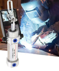 Heavy Duty Pneumatic Clamp With 50Kg Clamping Force QuickFix Air Hold Down Clamp showcased with welding background