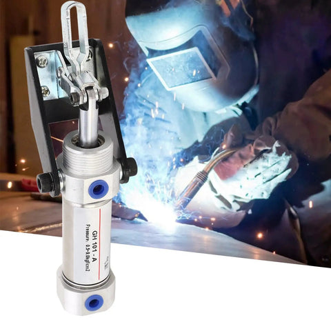 Heavy Duty Pneumatic Clamp With 50Kg Clamping Force QuickFix Air Hold Down Clamp showcased with welding background