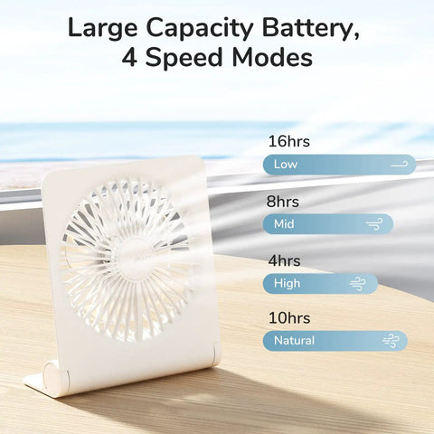 Compact USB Rechargeable Desk Fan With 4500mAh Battery folding design showcasing 4 speed modes on a table