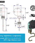 Ceiling Fan Pull Chain Switch Kit With 3 Speed 4 Wire Control Includes CBB61 Capacitor Pack technical diagram and image.