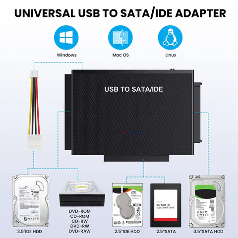 Hard Drive Reader USB 3.0 To SATA IDE Adapter Kit For Universal 2.5 Or 3.5 HDD SSD, USB to SATA/IDE adapter with cable and drives