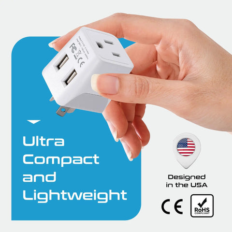 Hand holding Ultra Compact USA To Type I Travel Adapter With Dual USB Input For Australia New Zealand And China Perfect For Cell Phones Chargers Cameras And More 10-15A 250V Safe.