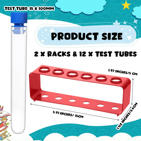 Two Sets Clear Plastic Test Tubes With Rack And Caps 6-Hole Holder For Party Decor Science Experiments Shot Tubes And Candy Favors Nurse Themed Party Supplies Red Accents For Fun And Classroom Use, showing red rack and single test tube.