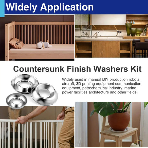 Countersunk washers from Heavy Duty Stainless Steel Countersunk Washer Assortment Kit featuring 280 pieces, 7 sizes for DIY applications.