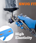 Close-up of blue nitrile exam glove on a hand gripping a spray gun; 6-mil, large.